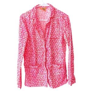 Tory Burch Pink Red Geometric T-Logo Cotton Button Down PJ Top 11101760 Womens S